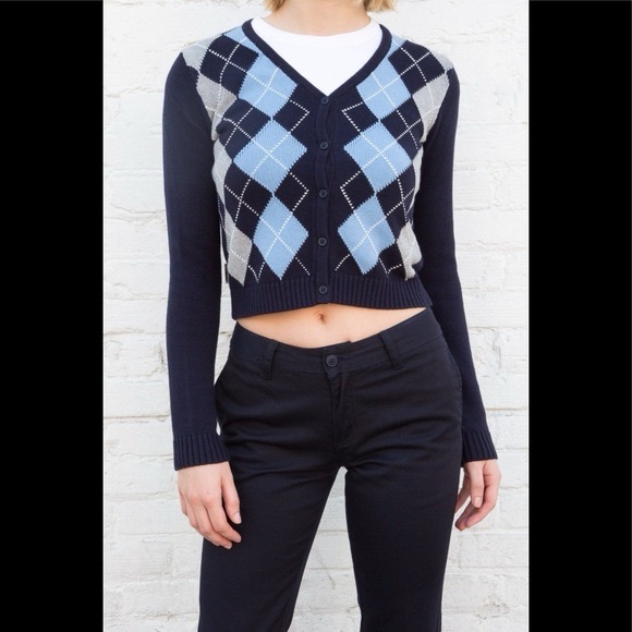 Brandy Melville Sweaters - Brandy Melville Argyle Cardigan Sweater Button Front, Preppy Academia black blue